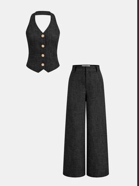 COMMENSE Black Wide-Leg Trousers and Vest Top Set